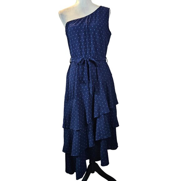 PRETTY GARDEN Womens Swiss Dot Navy One Shoulder Tiered Ruffle Midi Dress Size M - Picture 5 of 12